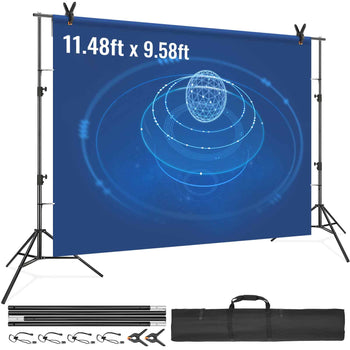 Blue backdrop with abstract design, measuring 11.48ft x 9.58ft, includes adjustable stand and carrying bag.