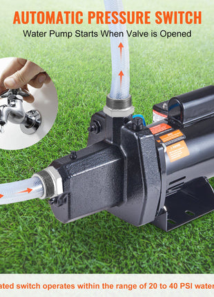 Black automatic pressure switch water pump with white hose, suitable for 20-40 PSI water pressure, ideal for home use.
