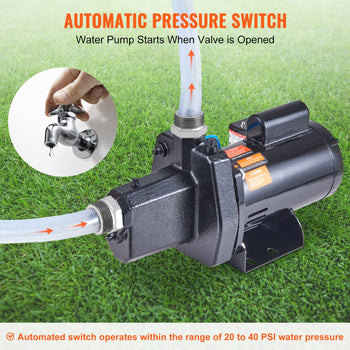 Black automatic pressure switch water pump with white hose, suitable for 20-40 PSI water pressure, ideal for home use.