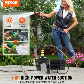 1HP Premium Cast Iron Shallow Well Jet Water Pump, 115 Volt, 17.6 GPM 164 FT Maximum Head Irrigation Water Pump, for Agricultural Garden Irrigation System High-Rise Water Supply Shower Booster
