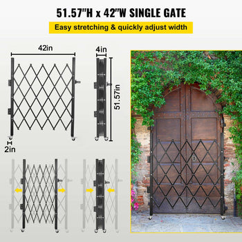 Single Folding Security Gate, 48\" H x 37\" W Folding Door Gate, Steel Accordion Security Gate, Flexible Expanding Security Gate, 360° Rolling Barricade Gate, Scissor Gate or Door with Padlock