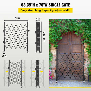 Single Folding Security Gate, 5\' H x 5-1/2\' W Folding Door Gate, Steel Accordion Security Gate, Flexible Expanding Security Gate, 360° Rolling Barricade Gate, Scissor Gate/Door with Padlock