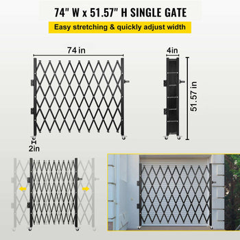 Single Folding Security Gate, 74"W x 51.57"H Folding Door Gate, Steel Accordion Security Gate, Flexible Expanding Security Gate, 360° Rolling Barricade Gate, Scissor Gate or Door with Padlock