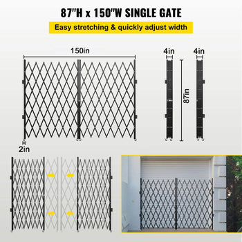 Double Folding Security Gate, 6-1/2\' H x 12\' W Folding Door Gate, Steel Accordion Security Gate, Flexible Expanding Security Gate, 360° Rolling Barricade Gate, Scissor Gate or Door with Keys