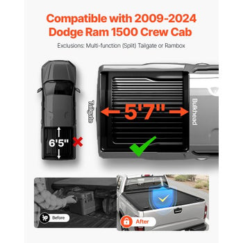 Retractable Tonneau Cover, 5.7 ft Hard Retractable Tonneau Cover with Built-in Drainage Pipe for 2009-2024 Dodge Ram 1500 Crew Cab, Customized Hard Tonneau Cover with Double-Lock & T-Slot