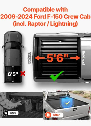 Retractable Tonneau Cover, 5.5 ft Hard Retractable Tonneau Cover with Built-in Drainage Pipe for 2009-2024 Ford F-150 Crew Cab , Customized Hard Tonneau Cover with Double-Lock & T-Slot