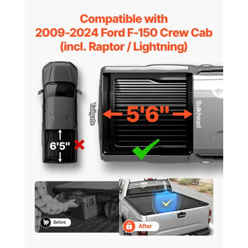 Retractable Tonneau Cover, 5.5 ft Hard Retractable Tonneau Cover with Built-in Drainage Pipe for 2009-2024 Ford F-150 Crew Cab , Customized Hard Tonneau Cover with Double-Lock & T-Slot