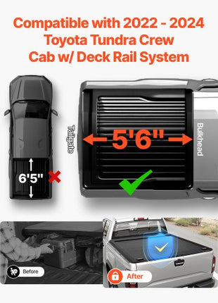 Retractable Tonneau Cover, 5.5 ft Hard Tonneau Cover with Built-in Drainage Pipe for 2022 - 2024 Toyota Tundra Crew Cab w/ Deck Rail System , Hard Tonneau Cover with Double-Lock & T-Slot