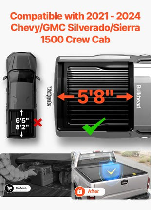 Retractable Tonneau Cover, 5.8 ft Hard Tonneau Cover with Built-in Drainage Pipe for 2021-2024 Chevy/GMC Silverado/Sierra 1500 Crew Cab, Customized Hard Tonneau Cover with Double-Lock & T-Slot
