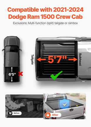 Retractable Tonneau Cover, 5.7 ft Hard Retractable Tonneau Cover with Built-in Drainage Pipe for 2021-2024 Dodge Ram 1500 Crew Cab , Customized Hard Tonneau Cover with Double-Lock & T-Slot