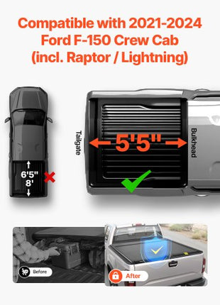 Retractable Tonneau Cover, 5.5 ft Hard Retractable Tonneau Cover with Built-in Drainage Pipe for 2021-2024 Ford F-150 Crew Cab , Customized Hard Tonneau Cover with Double-Lock & T-Slot