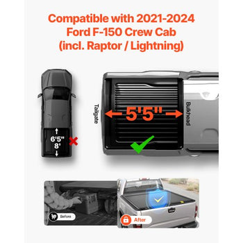 Retractable Tonneau Cover, 5.5 ft Hard Retractable Tonneau Cover with Built-in Drainage Pipe for 2021-2024 Ford F-150 Crew Cab , Customized Hard Tonneau Cover with Double-Lock & T-Slot