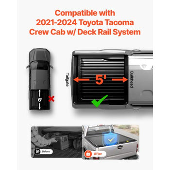 Retractable Tonneau Cover, 5.0 ft Retractable Tonneau Cover with Built-in Drainage Pipe for 2021-2024 Toyota Tacoma Crew Cab w/ Deck Rail System , Hard Tonneau Cover with Double-Lock & T-Slot