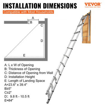 Attic Ladder Telescoping, 350-pound Capacity, 39.37" x 23.6", Multi-Purpose Aluminium Extension, Lightweight and Portable, Fits 9.8'-10.5' Ceiling Heights, Convenient Access to Your Attic Standa