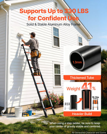 Telescoping Ladder, 8.5 ft Extension Ladder One-Button Retraction, Heavy-Duty 330 lbs Capacity, for Home Repairs, Painting, Window Cleaning and RV, Aluminum, Anti-Slip Steps, Orange & Black