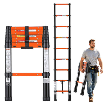 Telescoping Ladder, 8.5 ft Extension Ladder One-Button Retraction, Heavy-Duty 330 lbs Capacity, for Home Repairs, Painting, Window Cleaning and RV, Aluminum, Anti-Slip Steps, Orange & Black