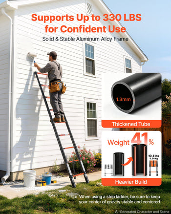 Telescoping Ladder, 8.5 ft Extension Ladder Multi-Button Retraction, Heavy-Duty 330 lbs Capacity, for Home Repairs, Painting, Window Cleaning and RV, Aluminum, Anti-Slip Steps, Orange & Black