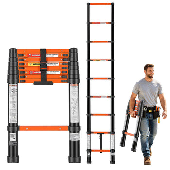 Telescoping Ladder, 8.5 ft Extension Ladder Multi-Button Retraction, Heavy-Duty 330 lbs Capacity, for Home Repairs, Painting, Window Cleaning and RV, Aluminum, Anti-Slip Steps, Orange & Black