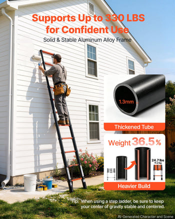 Telescoping Ladder, 10.5 ft Extension Ladder One-Button Retraction, Heavy-Duty 330 lbs Capacity, for Home Repairs, Painting, Window Cleaning and RV, Aluminum, Anti-Slip Steps, Orange & Black