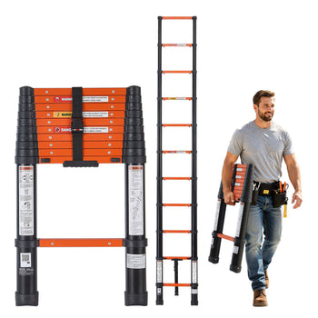 Telescoping Ladder, 10.5 ft Extension Ladder One-Button Retraction, Heavy-Duty 330 lbs Capacity, for Home Repairs, Painting, Window Cleaning and RV, Aluminum, Anti-Slip Steps, Orange & Black