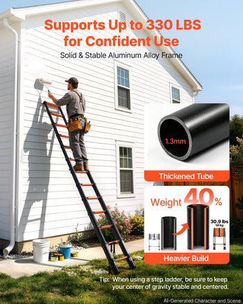 Telescoping Ladder, 12.5 ft Extension Ladder Multi-Button Retraction, Heavy-Duty 330 lbs Capacity, for Home Repairs, Painting, Window Cleaning and RV, Aluminum, Anti-Slip Steps, Orange & Black