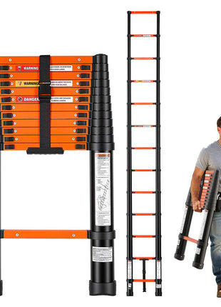 Telescoping Ladder, 12.5 ft Extension Ladder Multi-Button Retraction, Heavy-Duty 330 lbs Capacity, for Home Repairs, Painting, Window Cleaning and RV, Aluminum, Anti-Slip Steps, Orange & Black