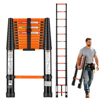 Telescoping Ladder, 12.5 ft Extension Ladder Multi-Button Retraction, Heavy-Duty 330 lbs Capacity, for Home Repairs, Painting, Window Cleaning and RV, Aluminum, Anti-Slip Steps, Orange & Black