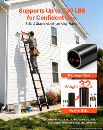 Telescoping Ladder, 10.5 ft Extension Ladder Multi-Button Retraction, Heavy-Duty 330 lbs Capacity, for Home Repairs, Painting, Window Cleaning and RV, Aluminum, Anti-Slip Steps, Orange & Black
