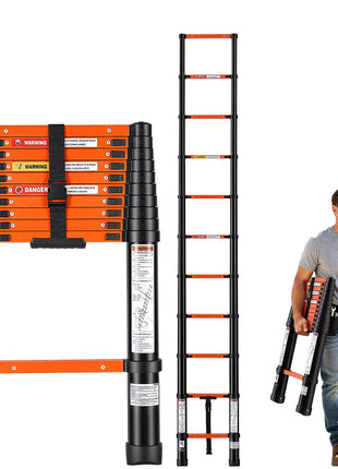 Telescoping Ladder, 10.5 ft Extension Ladder Multi-Button Retraction, Heavy-Duty 330 lbs Capacity, for Home Repairs, Painting, Window Cleaning and RV, Aluminum, Anti-Slip Steps, Orange & Black