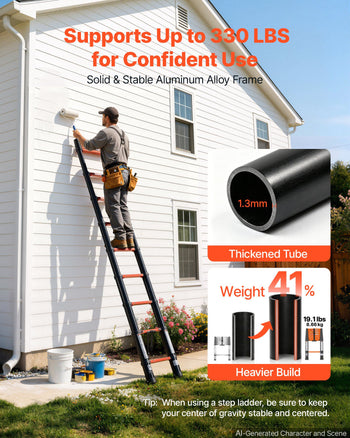 Telescoping Ladder, 12.5 ft Extension Ladder One-Button Retraction, Heavy-Duty 330 lbs Capacity, for Home Repairs, Painting, Window Cleaning and RV, Aluminum, Anti-Slip Steps, Orange & Black