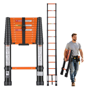 Telescoping Ladder, 12.5 ft Extension Ladder One-Button Retraction, Heavy-Duty 330 lbs Capacity, for Home Repairs, Painting, Window Cleaning and RV, Aluminum, Anti-Slip Steps, Orange & Black
