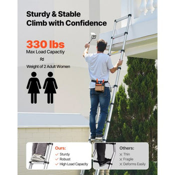 12.5ft Telescoping Ladder, Aluminum Lightweight Multi-Purpose Collapsible Extension, One-Touch Retraction Ladder, Heavy Duty 330LBS Max Capacity with Non-Slip Feet, for Home, Outdoor Work, Loft