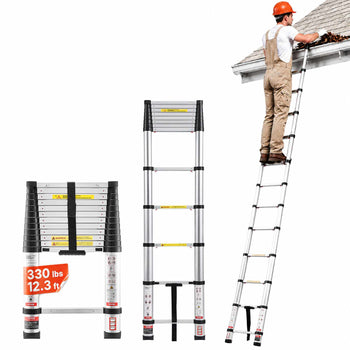 12.5ft Telescoping Ladder, Aluminum Lightweight Multi-Purpose Collapsible Extension, One-Touch Retraction Ladder, Heavy Duty 330LBS Max Capacity with Non-Slip Feet, for Home, Outdoor Work, Loft