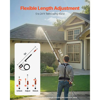Pressure Washer Telescoping Wand, 24 ft, 4000 psi, Telescopic Spray Wand with Power Washer Extension Wands, Gutter Cleaner, Brush Head, Pivoting Coupler, 7 Spray Nozzles and Support Harness