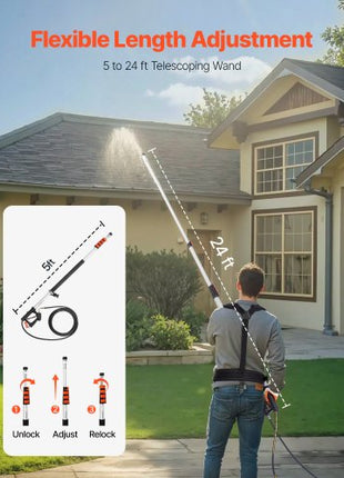Pressure Washer Telescoping Wand, 24 ft, 4000 psi, Telescopic Spray Wand with Power Washer Extension Wands, Gutter Cleaner, Pivoting Coupler, 7 Spray Nozzle Tips and Adjustable Support Harness