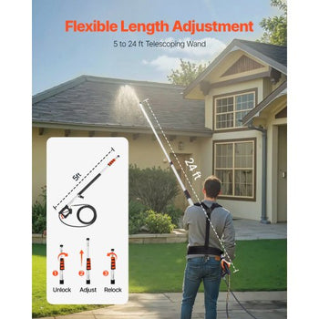 Pressure Washer Telescoping Wand, 24 ft, 4000 psi, Telescopic Spray Wand with Power Washer Extension Wands, Gutter Cleaner, Pivoting Coupler, 7 Spray Nozzle Tips and Adjustable Support Harness