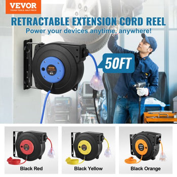 Retractable Extension Cord Reel, 50 FT, Heavy Duty 14AWG/3C SJTOW Retractable Power Cord with Lighted Triple Tap Outlet, 13 Amp Circuit Breaker 180° Swivel Bracket for Ceiling or Wall Mount