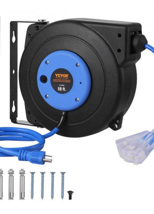 Retractable Extension Cord Reel, 50 FT, Heavy Duty 14AWG/3C SJTOW Retractable Power Cord with Lighted Triple Tap Outlet, 13 Amp Circuit Breaker 180° Swivel Bracket for Ceiling or Wall Mount