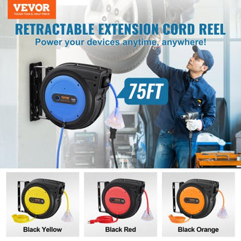 Retractable Extension Cord Reel, 75 FT, Heavy Duty 14AWG/3C SJTOW Retractable Power Cord with Lighted Triple Tap Outlet, 13 Amp Circuit Breaker 180° Swivel Bracket for Ceiling or Wall Mount