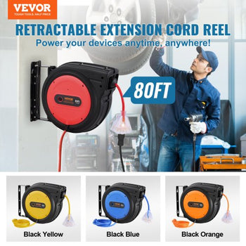 Retractable Extension Cord Reel, 80 FT, Heavy Duty 12AWG/3C SJTOW Retractable Power Cord with Lighted Triple Tap Outlet, 15 Amp Circuit Breaker 180° Swivel Bracket for Ceiling or Wall Mount