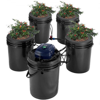 RDWC Hydroponics Grow System, Hydroponic Growing Kit with Top Drip, Recirculating Deep Water Culture 4 Buckles and 1 Reservoir, with Air Pump and Water Level Device for Leafy Vegetables