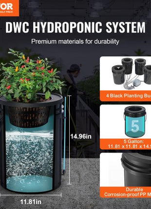 DWC Hydroponics Grow System, Hydroponic Growing System with Top Drip Kit, Deep Water Culture 5-Gallon 4 Buckets, with Air Pump, Air Stones and Water Level Device for Leafy Vegetables