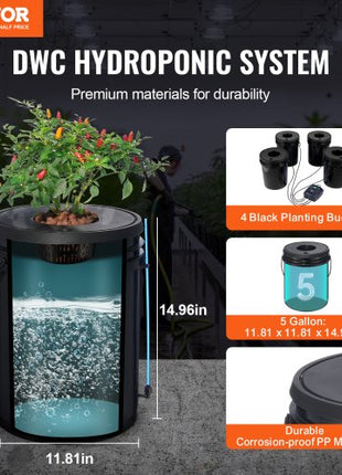 DWC Hydroponic System, 5 Gallon 4 Buckets, Deep Water Culture Growing Bucket, Hydroponics Grow Kit with Pump, Air Stone and Water Level Device, for Indoor/Outdoor Leafy Vegetables