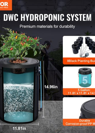 DWC Hydroponic System, 5 Gallon 8 Buckets, Deep Water Culture Growing Bucket, Hydroponics Grow Kit with Pump, Air Stone and Water Level Device, for Indoor/Outdoor Leafy Vegetables