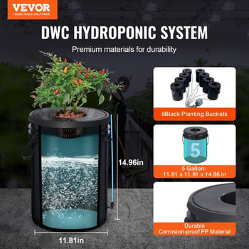 DWC Hydroponic System, 5 Gallon 8 Buckets, Deep Water Culture Growing Bucket, Hydroponics Grow Kit with Pump, Air Stone and Water Level Device, for Indoor/Outdoor Leafy Vegetables