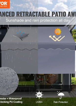 Manual Retractable Awning, 78" Outdoor Retractable Patio Awning Sunshade Shelter, Adjustable Patio Door Window Awning Canopy with 39" Sun Shade Curtain for Backyard, Garden, Balcony