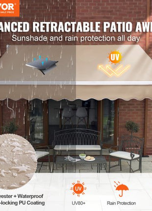 Manual Retractable Awning, 12 x 10 ft Outdoor Patio Awning Retractable Sun Shade, Water-Resistant Polyester Patio Door Window Awning Sunshade Shelter with Crank Handle for Backyard, Balcony