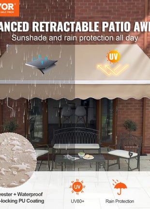 Manual Retractable Awning, 13 x 8 ft Outdoor Patio Awning Retractable Sun Shade, Water-Resistant Polyester Patio Door Window Awning Sunshade Shelter with Crank Handle for Backyard, Balcony
