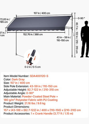 Manual Retractable Awning, 157" Outdoor Retractable Patio Awning Sunshade Shelter, Height Adjustable Patio Door Window Canopy with Manual Crank Handle for Backyard, Garden, Balcony, Dark Gray