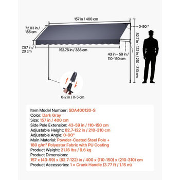 Manual Retractable Awning, 157" Outdoor Retractable Patio Awning Sunshade Shelter, Height Adjustable Patio Door Window Canopy with Manual Crank Handle for Backyard, Garden, Balcony, Dark Gray